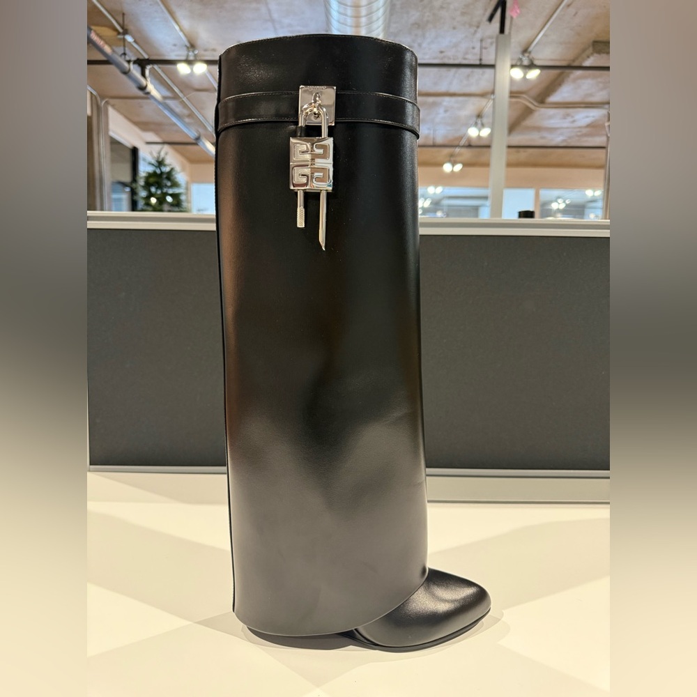 Black Knee-High Boots with Silver Logo